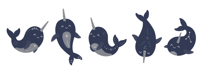 Cute mystic narwhals collection, magic celestial baby whale set. Boho sea animals with star, moon and constellation modern trendy hand drawn vector illustration, flat cartoon style on white background © Alice