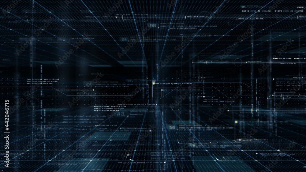 Aufkleber Futuristic simulation of 5G network concept, artificial intelligence quantum physic matrix particles deep learning performing analytic computational head up display background