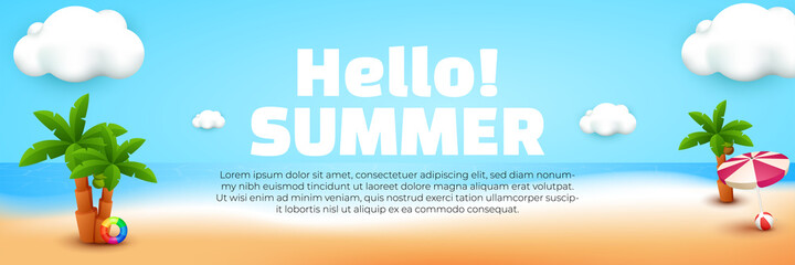 hello summer banner template post with 3d element illustration