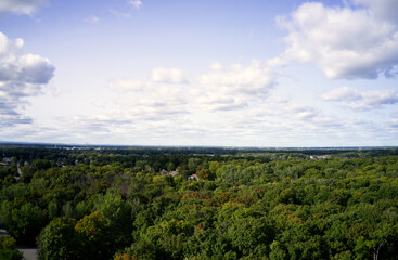 Aerial photo over the green forest with partly cloudy sky 