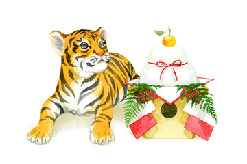 A baby tiger lying beside Kagamimochi, Japanese new year ornament