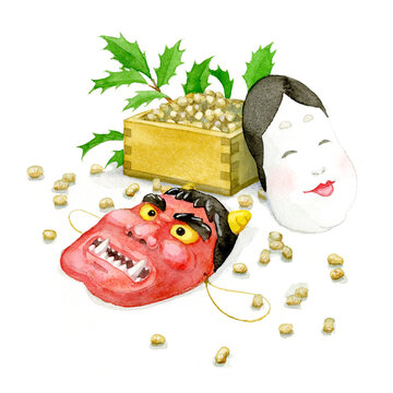 Soy beans and a set of demon and okame masks for Setsubun, Japanese traditional festival