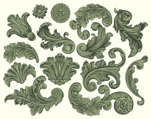 Vintage decorative ornamental elements . Design set. Editable hand drawn illustration. Vector engraving. Isolated on light background. 8 EPS - 442048158