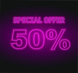 Sale 50% off discount. Abstract neon background. Promotion price offer sign. Retail badge symbol. Offer neon banner. Sale badge. UP TO 50 percent OFF glowing purple neon lamp sign.