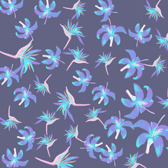 Purple Pattern Palm. Cobalt Tropical Nature. Indigo Floral Foliage. Navy Flora Background. Coral Decoration Vintage. Blue Wallpaper Vintage. Violet Spring Foliage.