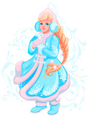 Fototapeta premium Russian christmas and new year greeting card. Kind cute Russian girl Snow Maiden holding white hare in her arms