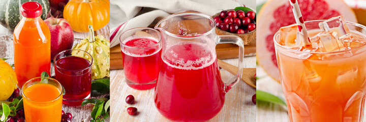Collage of vegetable and fruit juices. Healthy lifestyle concept.