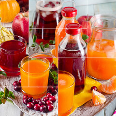 Collage of vegetable and fruit juices. Healthy lifestyle concept.