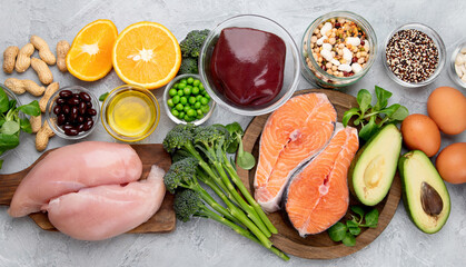 Food high in coenzyme Q10 on light gray background. Healthy eating concept.