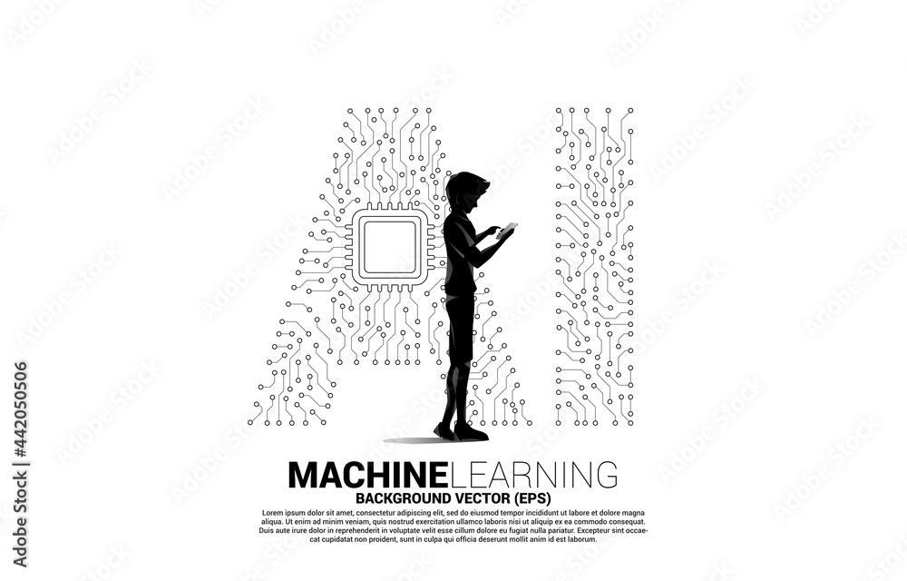 Poster Vector silhouette man use mobile phone Polygon dot connect line shaped AI and CPU center. Concept for machine learning and artificial intelligence.