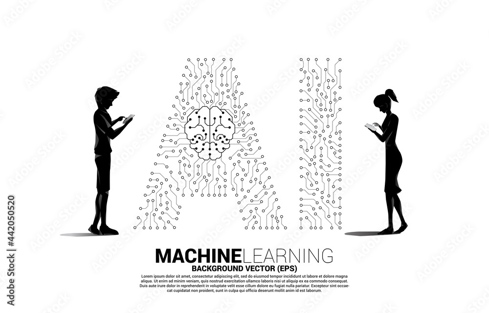 Poster Vector silhouette man and woman use mobile phone and background dot connect line shaped AI and CPU center. Concept for machine learning and artificial intelligence.