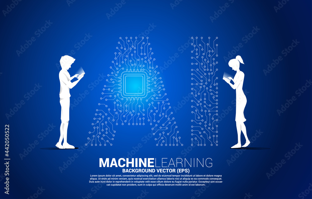 Poster Vector silhouette man and woman use mobile phone dot connect line shaped AI and CPU center. Concept for machine learning and artificial intelligence.