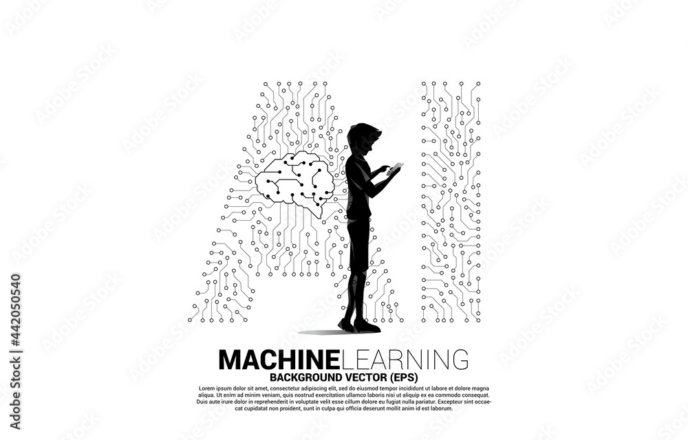 Poster Vector silhouette man use mobile phone and background dot connect line shaped AI and CPU center. Concept for machine learning and artificial intelligence.