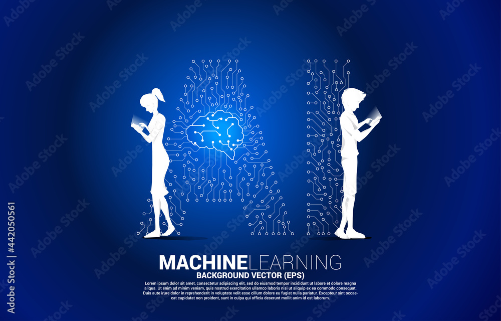Poster Vector silhouette man and woman use mobile phone and background dot connect line shaped AI and CPU center. Concept for machine learning and artificial intelligence.