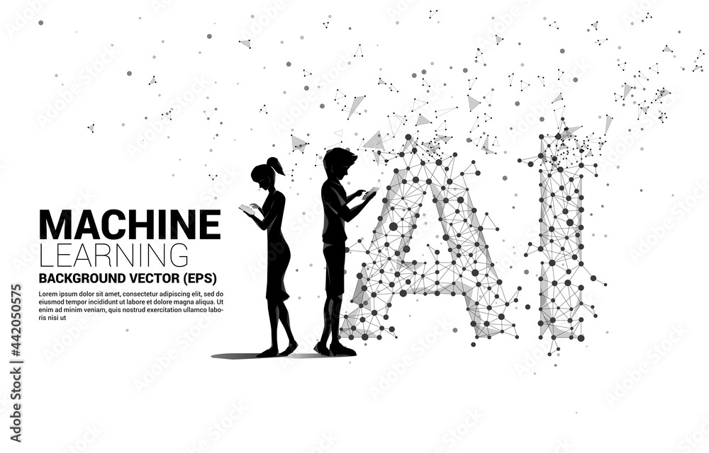 Poster Vector silhouette man use mobile phone Polygon dot connect line shaped AI. Concept for machine learning and artificial intelligence.