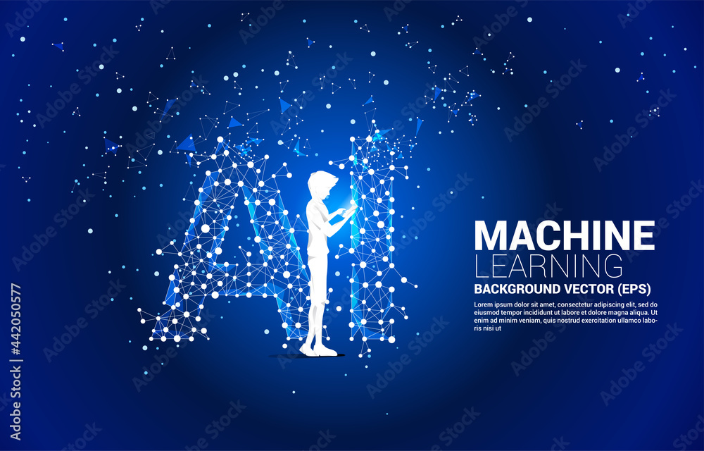 Poster Vector silhouette man use mobile phone Polygon dot connect line shaped AI. Concept for machine learning and artificial intelligence.