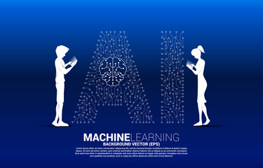Vector silhouette man and woman use mobile phone and background dot connect line shaped AI and CPU center. Concept for machine learning and artificial intelligence.