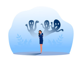 Depressed girl with anxiety and scary fantasies feeling sorrow,fears, sadness vector illustration