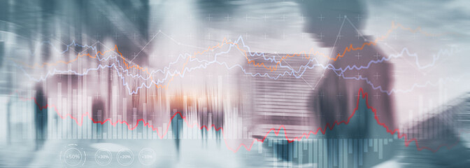 Finance Banking and Investment concept. Double exporsure stacked of coins and city with graph