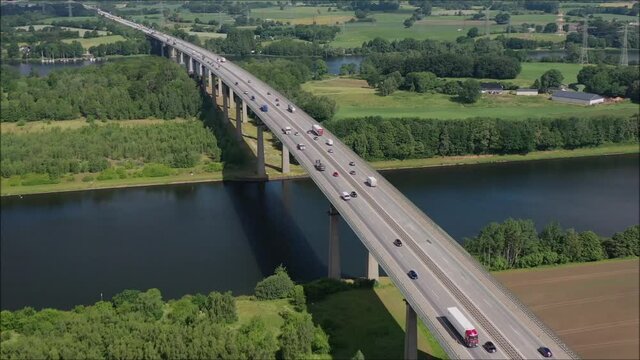 Aerial view of highway in the countryside. Motorway traffic at A7, near Rendsburg, Schleswig-Holstein, Germany