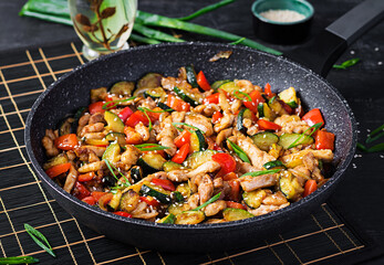 Stir fry with chicken, zucchini and sweet peppers - Chinese food.
