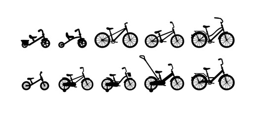 Set of silhouettes different kids bicycle, transport for ride, travel or sport