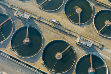 Aerial view recirculation sedimentation tank, water treatment plant