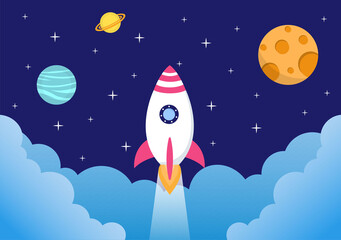 Astronaut With Rocket Illustration For Explore In Outer Space And Movement To See Stars, Moon, Planets Or Asteroids