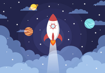 Astronaut With Rocket Illustration For Explore In Outer Space And Movement To See Stars, Moon, Planets Or Asteroids