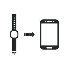 A flat illustration vector with arrow of smartwatch connecting and syncing data with smartphone via Bluetooth. Transferring info to mobile phone on isolated white backgrounds.