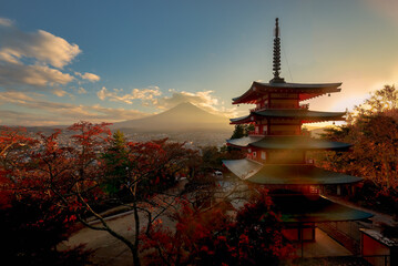 Mt. Fuji Beautiful landscape of mountain fuji with chureito pagoda around maple leaf tree in autumn season at Yamanashi Japan
