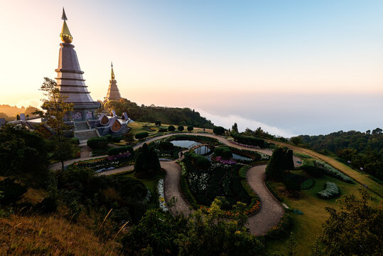 Landscape of two pagoda on the top of Inthanon mountain at morning sunrise, View point from Kew Mae Pan Nature Trail on Doi Inthanon National Park, Chiang Mai, Thailand.