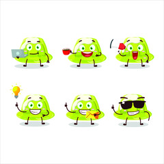 Obraz premium Green pudding cartoon character with various types of business emoticons. Vector illustration