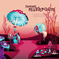 Banner with fantasy magic plants or mushrooms cartoon vector illustration.