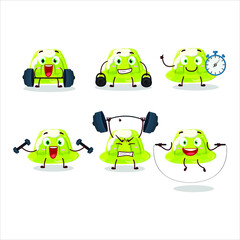 A healthy green pudding cartoon style trying some tools on Fitness center. Vector illustration