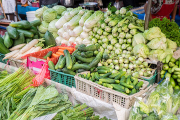Asian fruits and vegetables sell in local market. Asian market is a local food store that primarily caters to a single particular Asian cultural group.