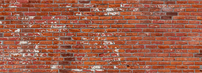 Old rough, brown ,dark, red, white paint, bricks wall panorama background pattern