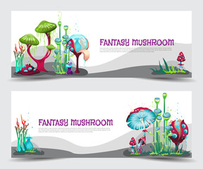 Vector colorful banners with magic fantasy mushrooms, unusual fabulous plants.