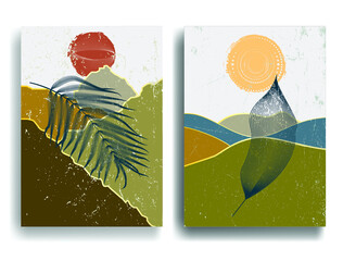 Poster with mountain landscape and tropical leaves in Boho style  . Trendy brochure . Vector illustration .