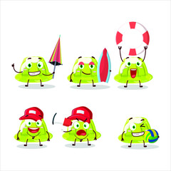 Happy Face green pudding cartoon character playing on a beach. Vector illustration
