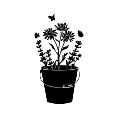 iron bucket with lavender and chamomile. silhouette. vector. eps