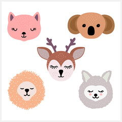 Doodle head animals set icon isolated on white. Cartoon vector stock illustration. EPS 10