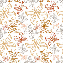 Doodle butterfly seamless pattern isolated on white. Hand drawn line art. Sketch animal. Vector stock illustration. EPS 10