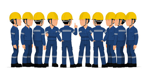 Ten industrial workers have a meeting on white background