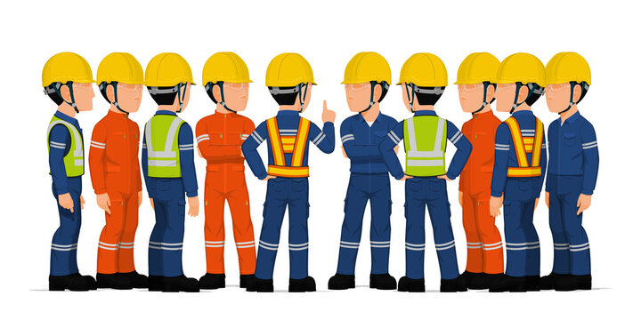 Ten industrial workers have a meeting on white background