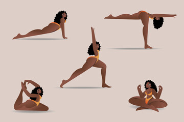 Yoga poses set. A beautiful girl with dark skin is engaged in yoga. Healthy lifestyle. A collection of flat design female characters demonstrating different yoga poses. Vector.