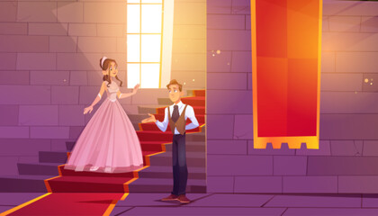 Prince invite princess for dance in castle hall. Royal couple in palace hallway with stone walls, ladder and wide window, room decorated with red banners and stairs carpet, Cartoon vector illustration © klyaksun