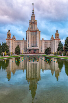 Moscow, Russia - May, 05, 2021: The main building of Lomonosov Moscow State University in Moscow, Russia