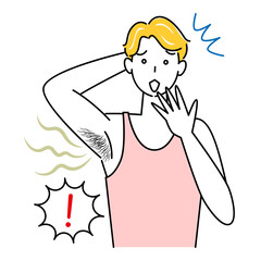 自分の不快な脇の下の臭い(わきが)に気づき困る可愛い男性 イラスト シンプル ベクター