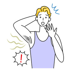 自分の不快な脇の下の臭い(わきが)に気づき困る可愛い男性 イラスト シンプル ベクター